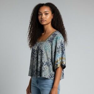 RD + Koko Anthropologie Metallic Square Neck Kimono‎ Sleeve Sheer Small Blouse